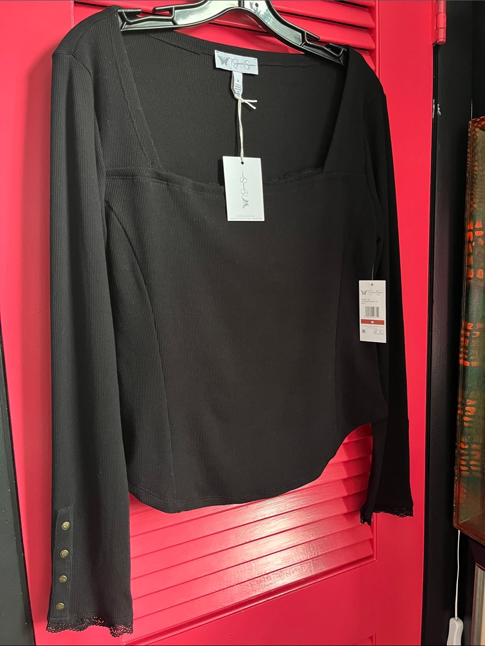 Jessica Simpson Black Ribbed Square-Neck Long Sleeve Top